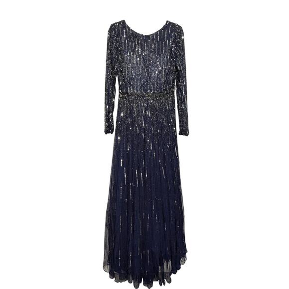 Mac Duggal Formal Dress Size 12 Navy Blue Sequin Long Sleeve V-Neck Evening Gown - Picture 9 of 16